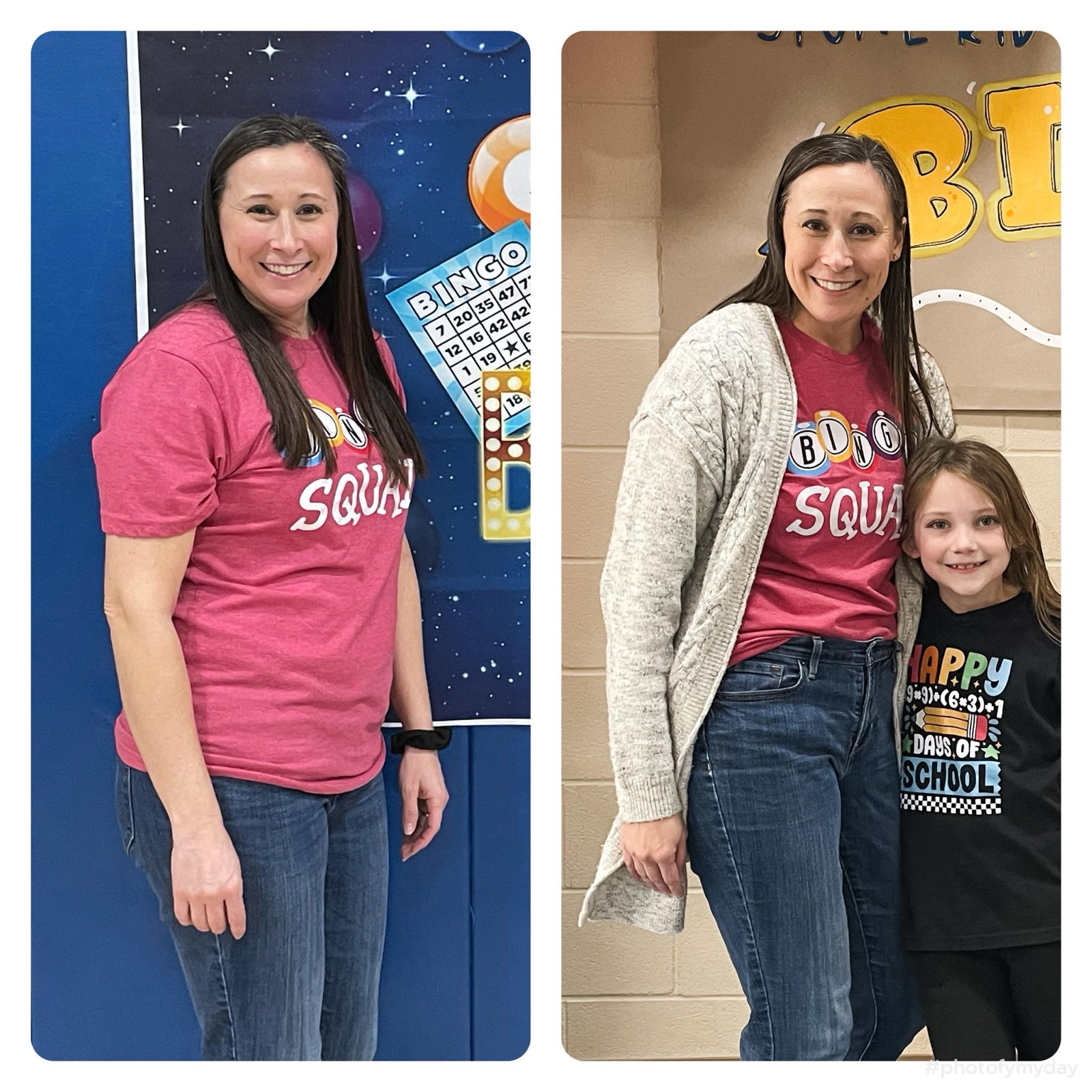 Side-by-side photos of Kari taken one year apart, showing the visible change in her health